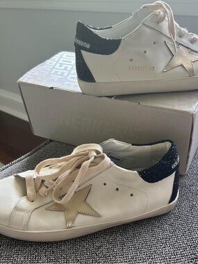 Golden Goose White Leather Sneakers with Black Glitter Heel and Gold Star